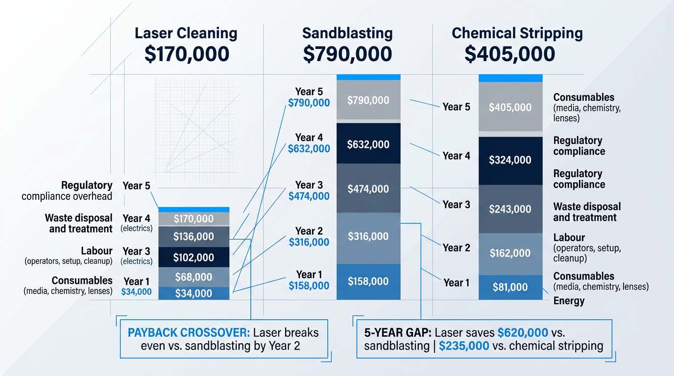 Five-year cumulative cost comparison showing laser cleaning reaching $170,000 total versus sandblasting at $790,000 and chemical stripping at $405,000, with stacked annual cost breakdowns by category.