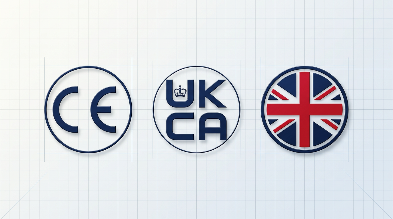 CE mark, UKCA certification mark, and Made in Britain badge arranged horizontally against a light technical background with subtle grid pattern.