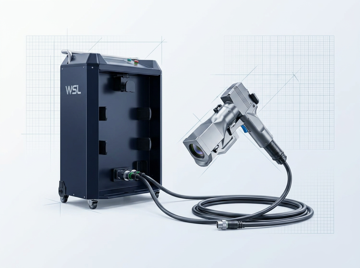 ELASER portable laser cleaning system with wheeled main unit on left, handheld scanner head on right, and extended delivery cable connecting both components on light gradient background.