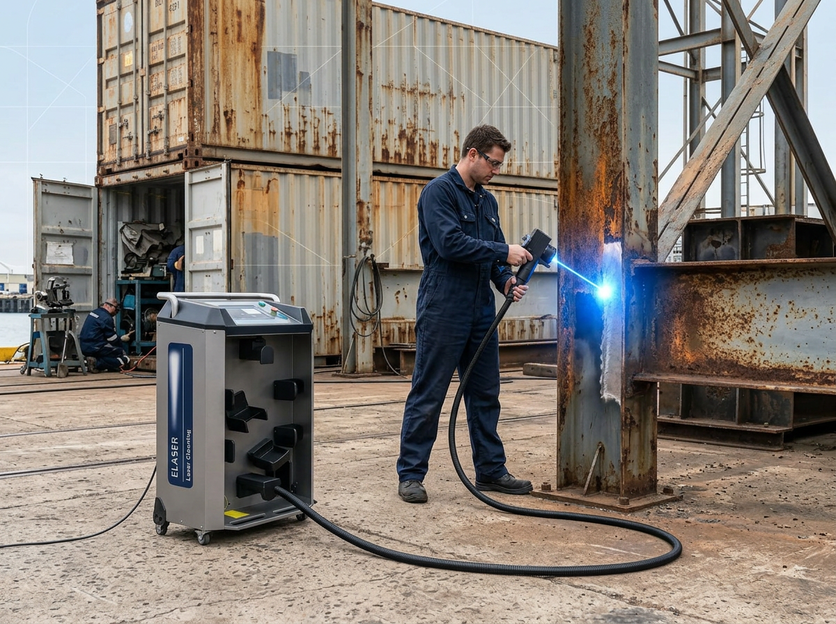 ELASER laser cleaning machine deployed on dockside infrastructure, technician operating handheld scanner on corroded steel beam, laser contact point glowing electric blue, cleaned bare metal contrasting oxidized rust surface.