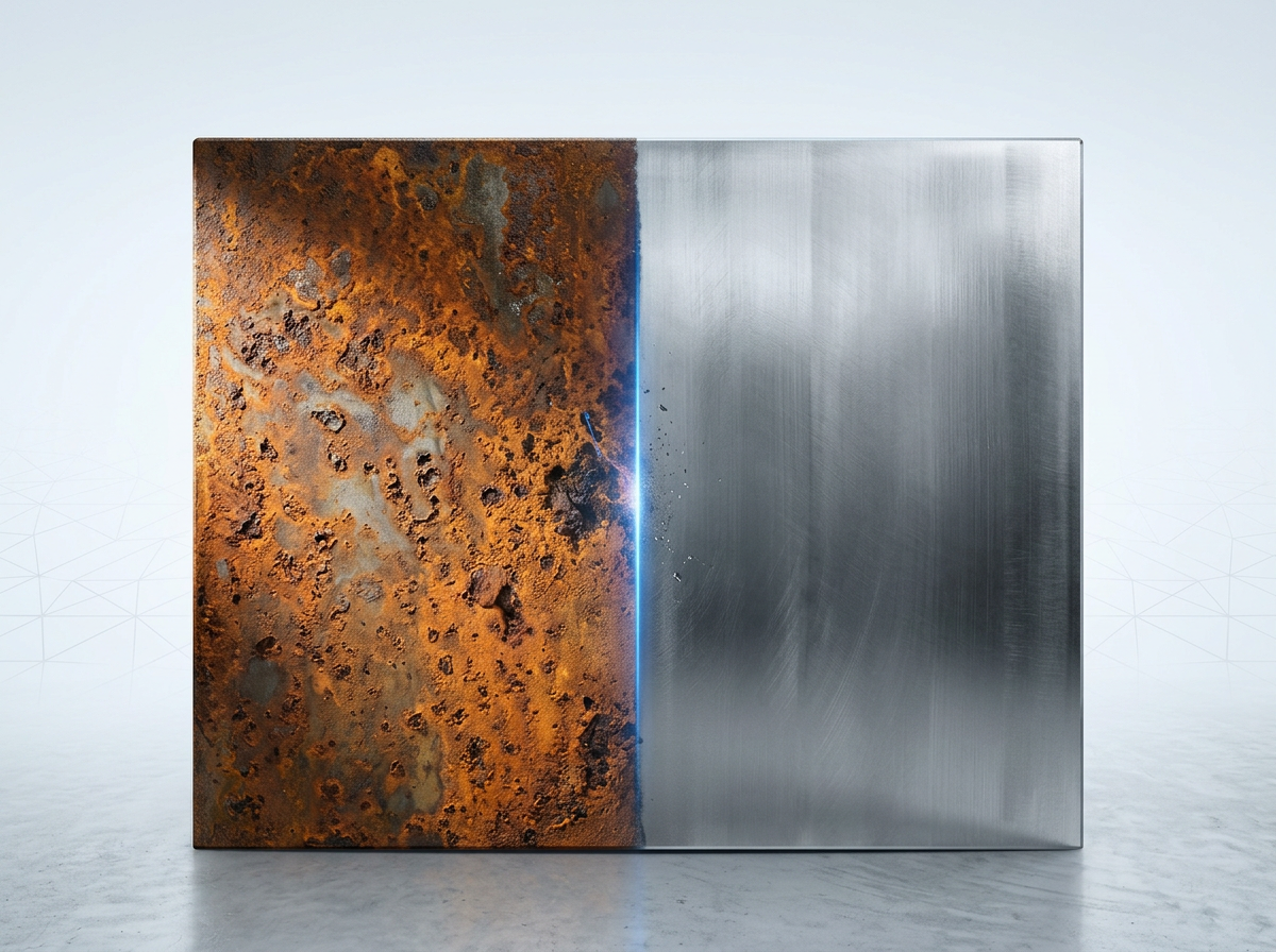 Metal surface divided vertically: left half heavily corroded with orange-brown rust and pitting, right half restored to clean bare steel with reflective finish and visible machining marks, electric blue laser line marking the cleaning boundary.