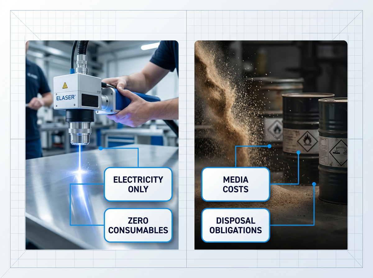 Split-panel industrial graphic: left shows laser cleaning head operating on polished steel surface with 'Electricity only' and 'Zero consumables' labels; right shows sandblasting media and chemical drums with 'Media costs' and 'Disposal obligations' labels.