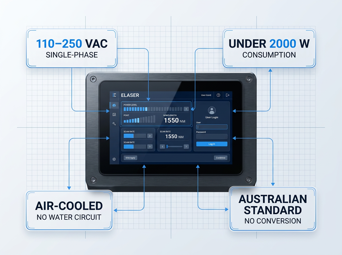 Close-up of ELASER touchscreen control interface with electrical specification badges showing 110-250 VAC single-phase, under 2000W consumption, air-cooled operation, and Australian standard compatibility.