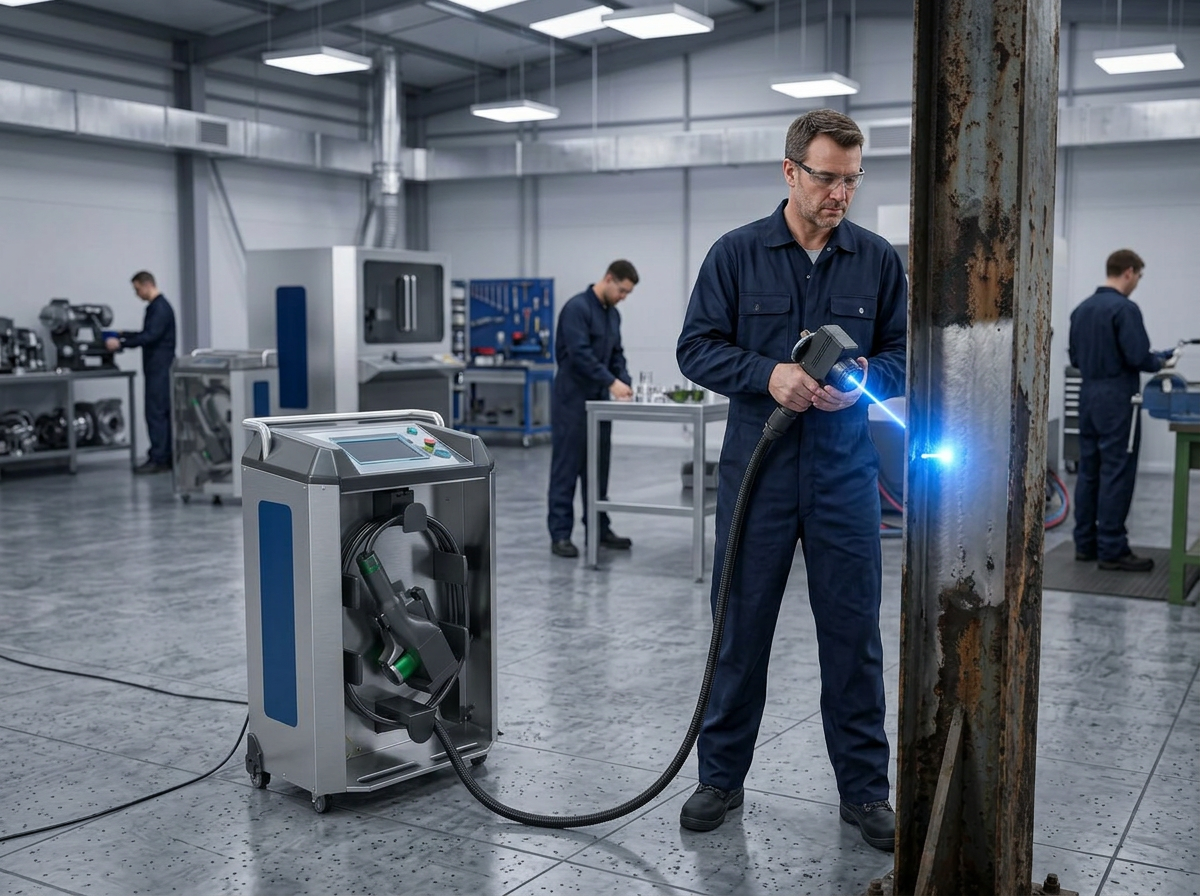 ELASER-RHZ laser cleaning machine in operation at a workshop floor. Technician in dark coveralls holds the laser scanner directed at a rusted steel beam, with bright blue laser beam visible striking the metal surface. Other workers and equipment visible in background, demonstrating active facility operations without evacuation or shutdown.