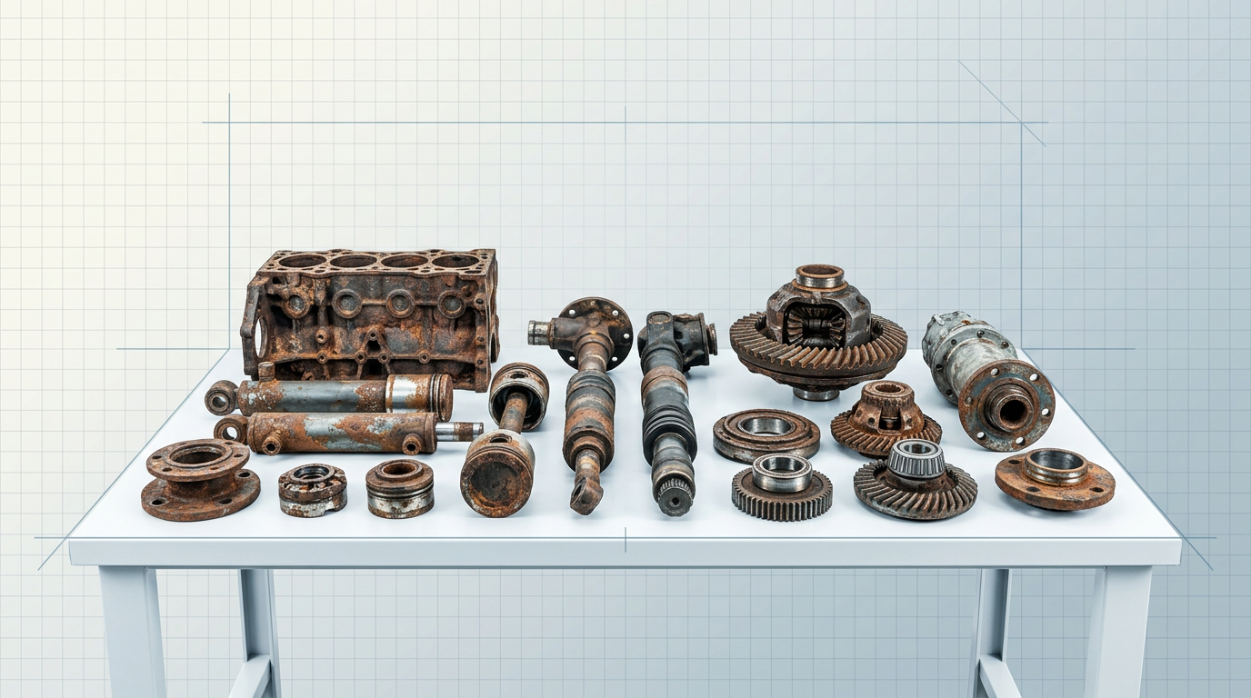 Worn mechanical components including engine blocks, hydraulic cylinders, and gear assemblies arranged on a white workbench, displaying corrosion, rust scaling, and oxidation damage.