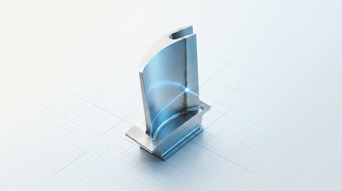 Precision turbine blade with electric blue laser cleaning contact point, showing stark contrast between cleaned bare metal and oxidized surface against bright technical workspace.