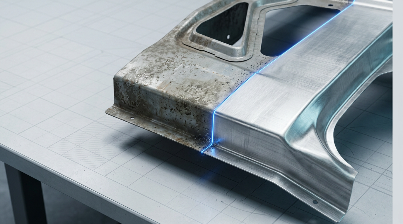 Vehicle body panel on workbench with weld zone showing stark contrast between oxidized, corroded metal on left and pristine bare metal on right, divided by electric blue laser line with subtle ablation effects.