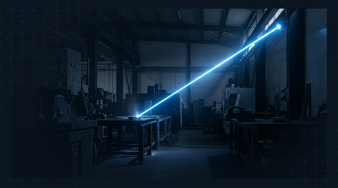 Darkened industrial workshop interior with a bright electric blue laser beam cutting diagonally through the scene, illuminating dust particles and metal surfaces against deep navy and charcoal tones.