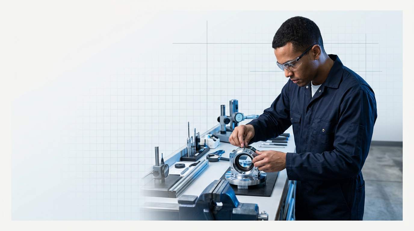 Skilled engineer in navy coveralls assembling precision optical component at clean workbench with calibration instruments, demonstrating manufacturing expertise and operational excellence.