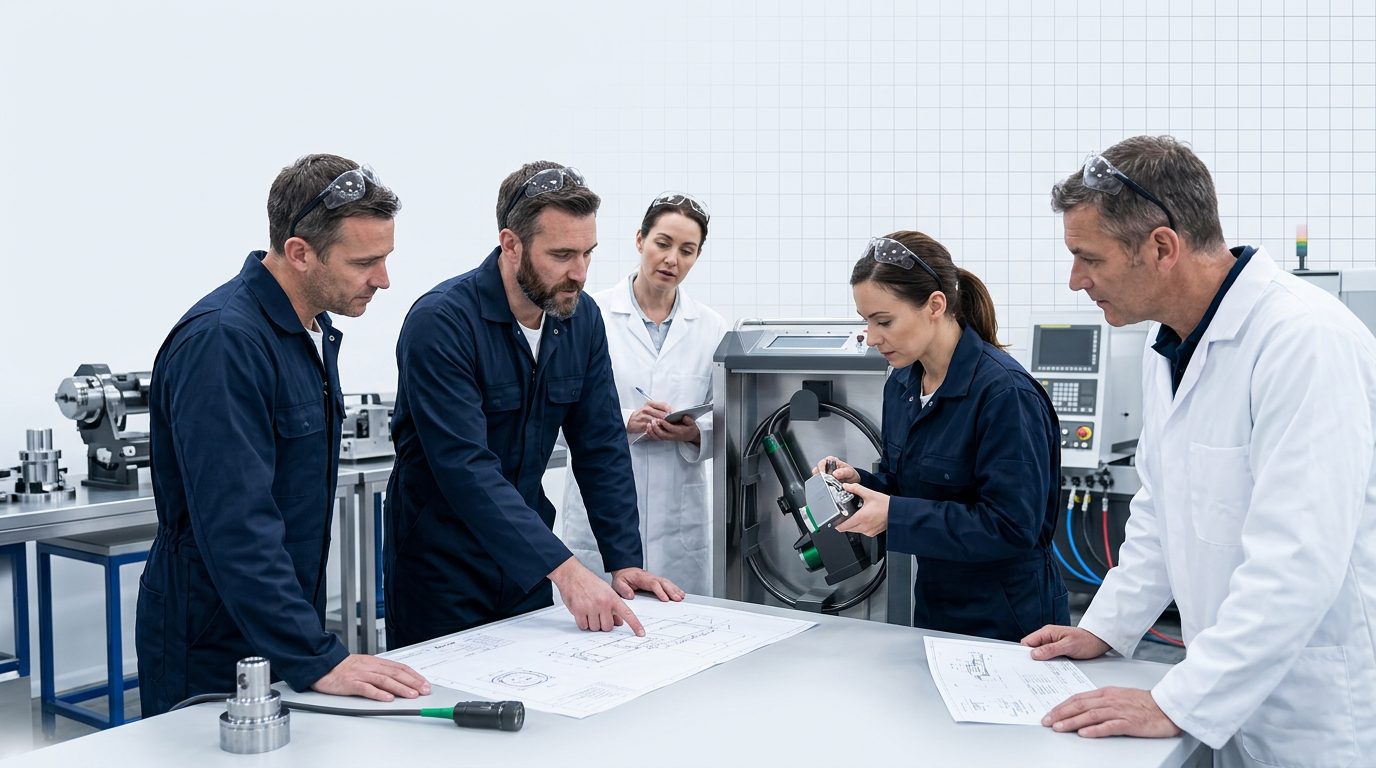 Diverse team of experienced engineers in lab coats gathered around technical drawings and ELASER laser cleaning machine in bright workshop, examining specifications and equipment details.