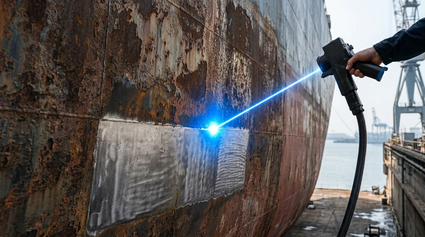 Laser cleaning in action on corroded ship hull in dry-dock, revealing clean bare steel beneath rust as bright electric blue laser beam removes corrosion.
