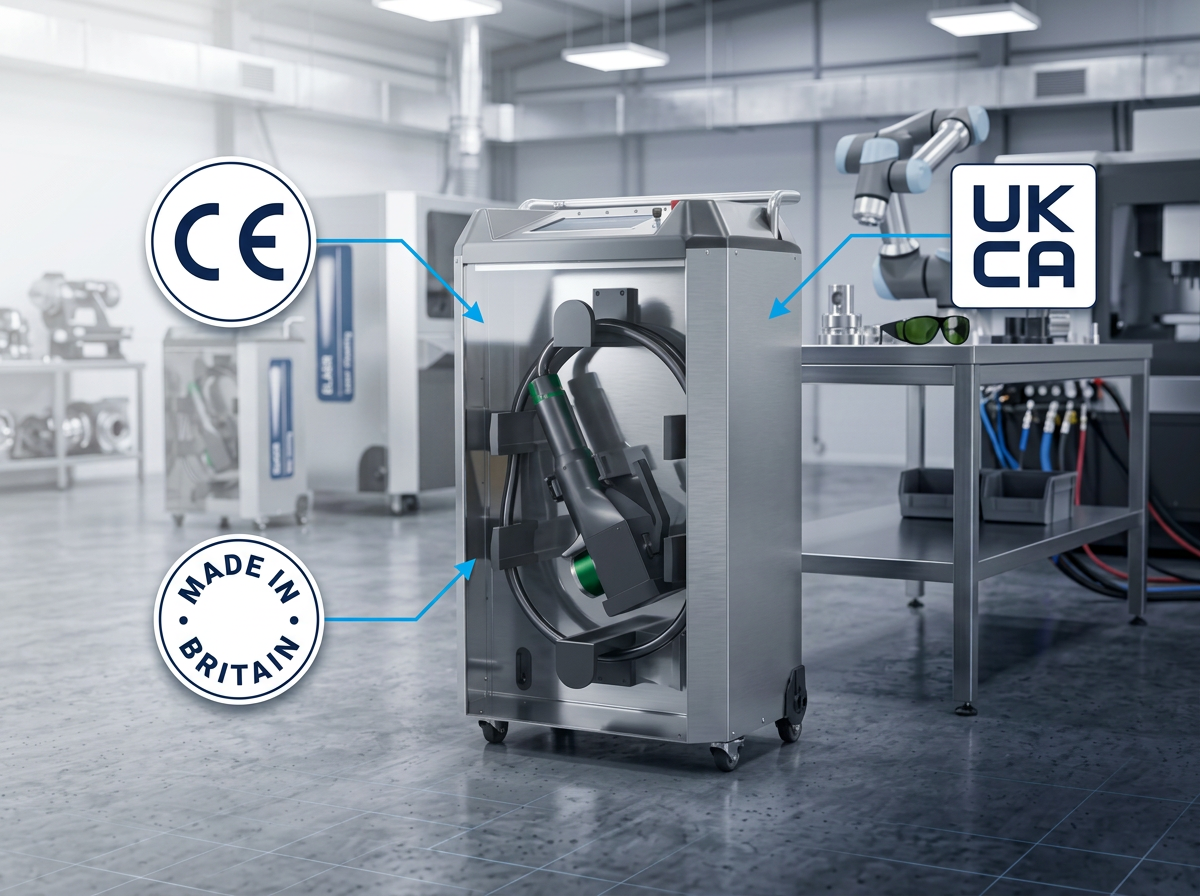 ELASER portable laser cleaning machine in bright industrial workshop with CE, UKCA, and Made in Britain certification badges positioned around it with connector lines indicating provenance and manufacturer credibility.