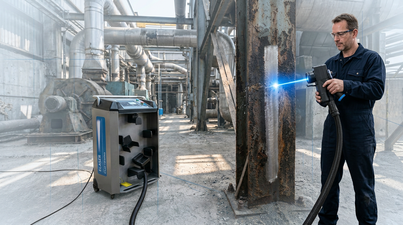Engineer in dark coveralls using ELASER laser cleaning machine to remove rust and corrosion from a steel pipe in an active industrial plant, with the laser beam visible at the contact point showing before-and-after cleaning contrast.