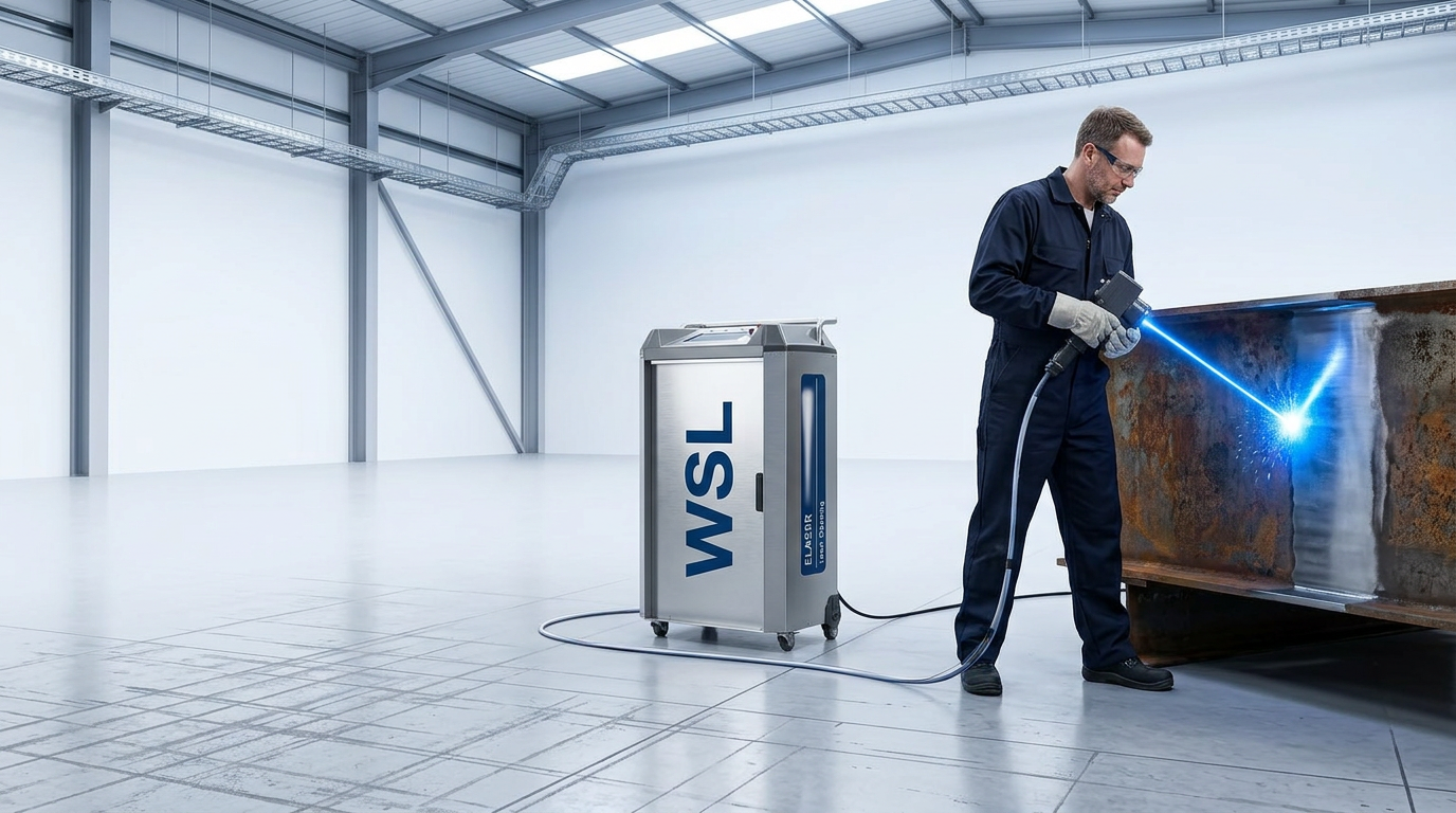 ELASER laser cleaning machine in active use on industrial warehouse floor, technician operating handheld scanner with electric blue laser beam striking rusted metal surface, clean bare steel visible beside the laser contact point.