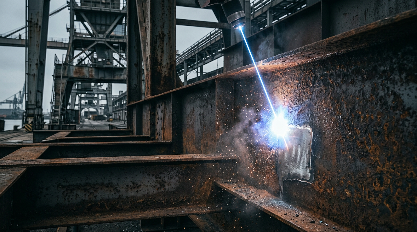 Heavy structural steel beams with thick orange-brown rust and deep pitting at an industrial port facility, with a bright electric blue laser beam vaporizing rust at a single contact point, exposing bare metal beneath.