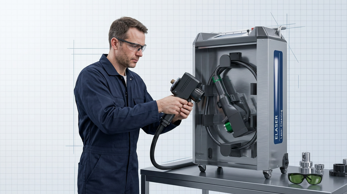 WSL engineer in navy coveralls examining ELASER laser cleaning machine component at workbench, hands engaged with fiber cable and scanner head in focused technical consultation.