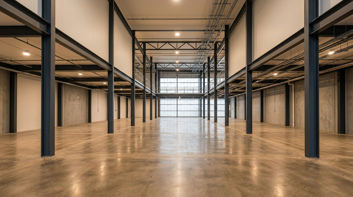 Clean industrial workshop interior with polished concrete floors, exposed steel columns, and soft overhead lighting casting warm tones across bare metal surfaces.
