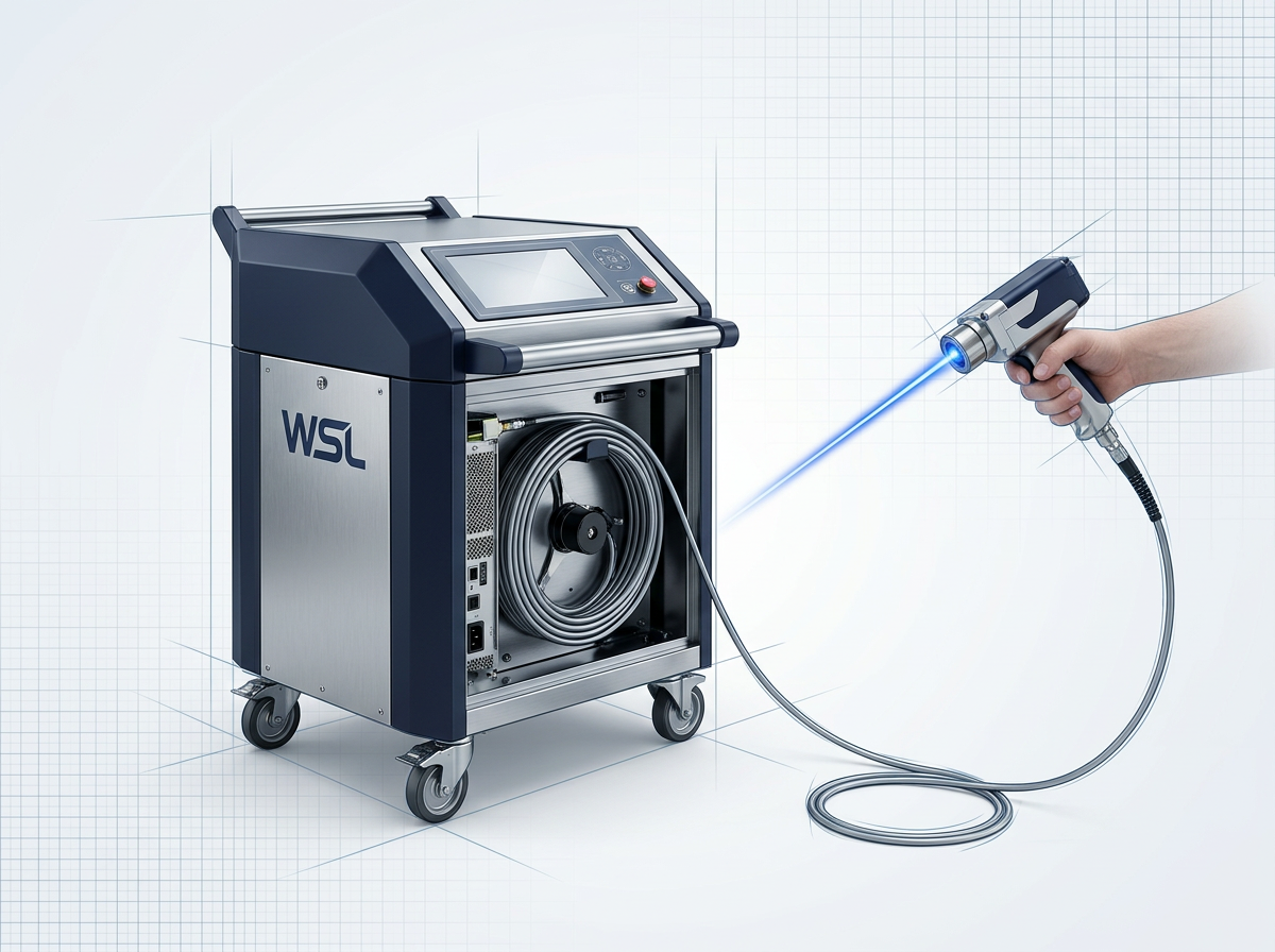 ELASER portable laser cleaning system with wheeled main unit, handheld scanner, and extended fibre cable on light technical background