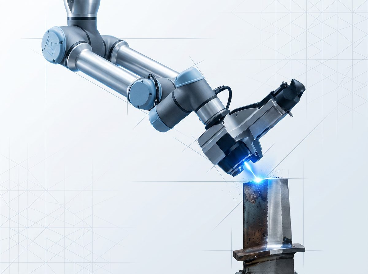 AutoLASE robotic arm with laser cleaning head positioned over industrial component, showing bright electric blue laser contact point and stark contrast between oxidized and cleaned metal surfaces.