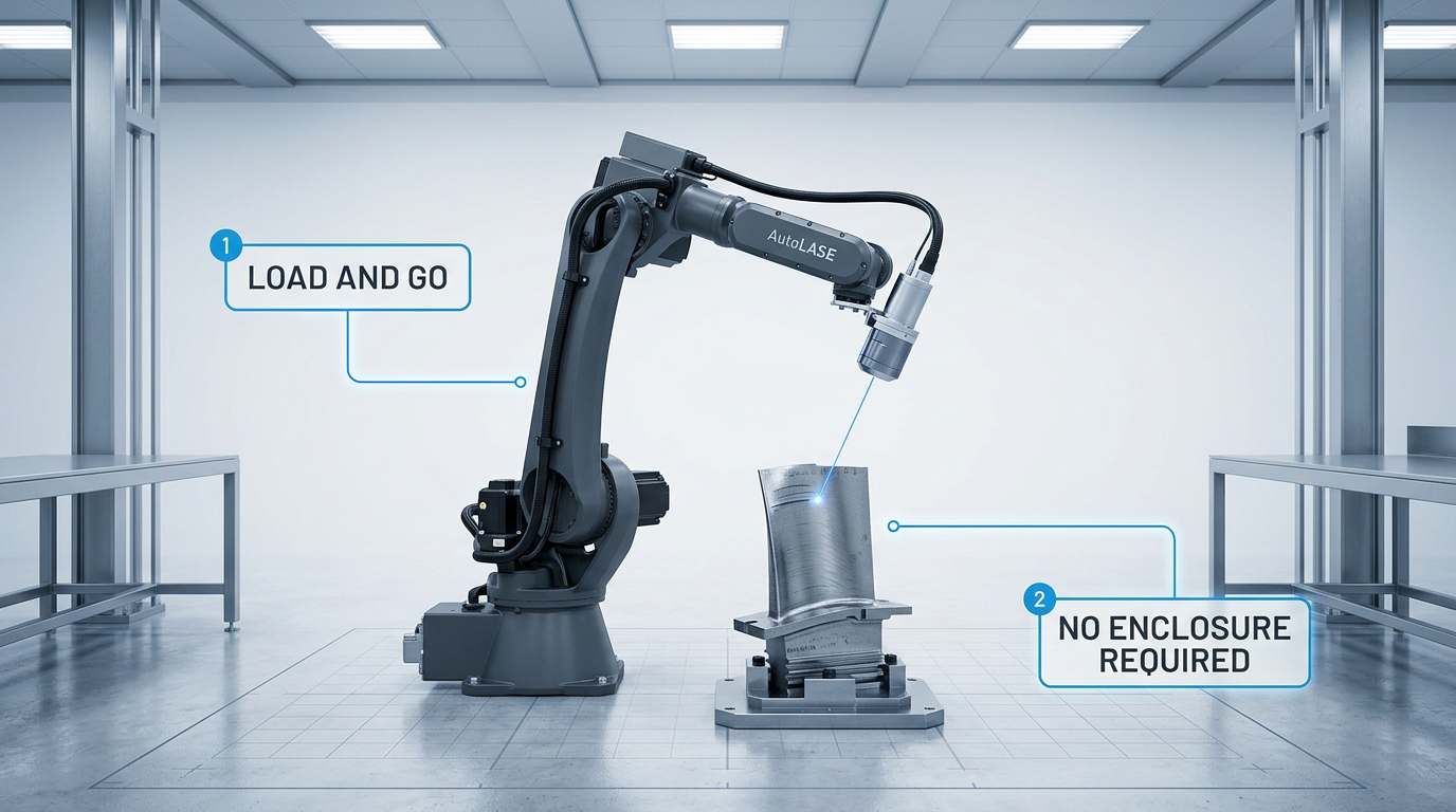 Articulated robotic arm with laser cleaning head positioned over an aerospace turbine blade in a bright production cell, with 'Load and Go' and 'No Enclosure Required' badge labels framing the arm.