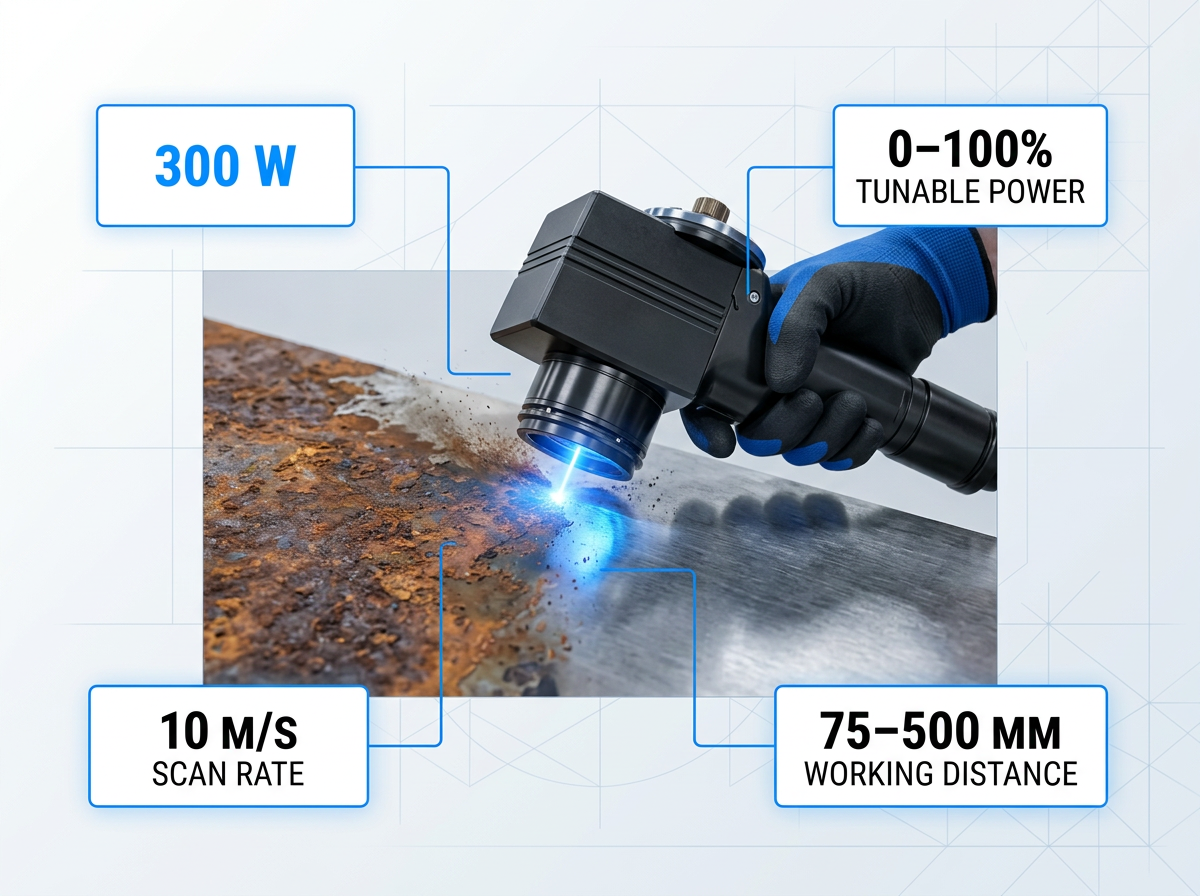 ELASER handheld scanner actively cleaning heavily corroded steel surface, with laser contact point glowing electric blue; callout labels show 300 W, 0–100% tunable power, 10 m/s scan rate, and 75–500 mm working distance specifications.