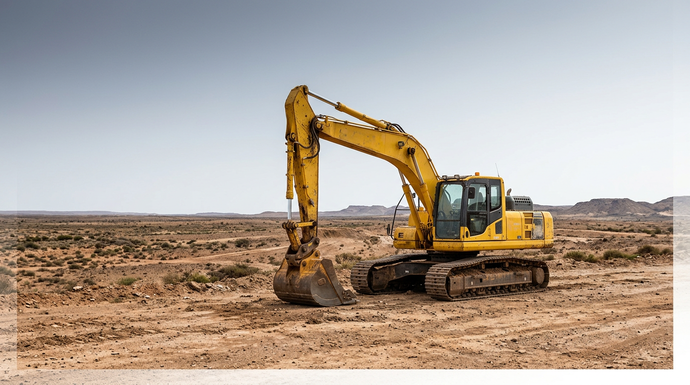 Large yellow excavator on remote arid Australian mine site under wide open sky, emphasizing scale and isolation of heavy equipment maintenance in remote locations.