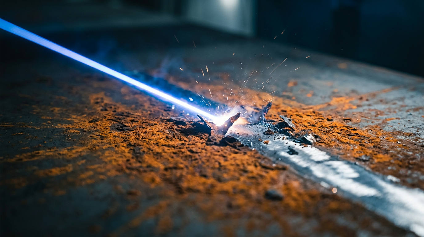 Close-up of electric blue laser beam ablating rust from a metal surface, revealing clean steel beneath with visible particle ablation at the contact point.