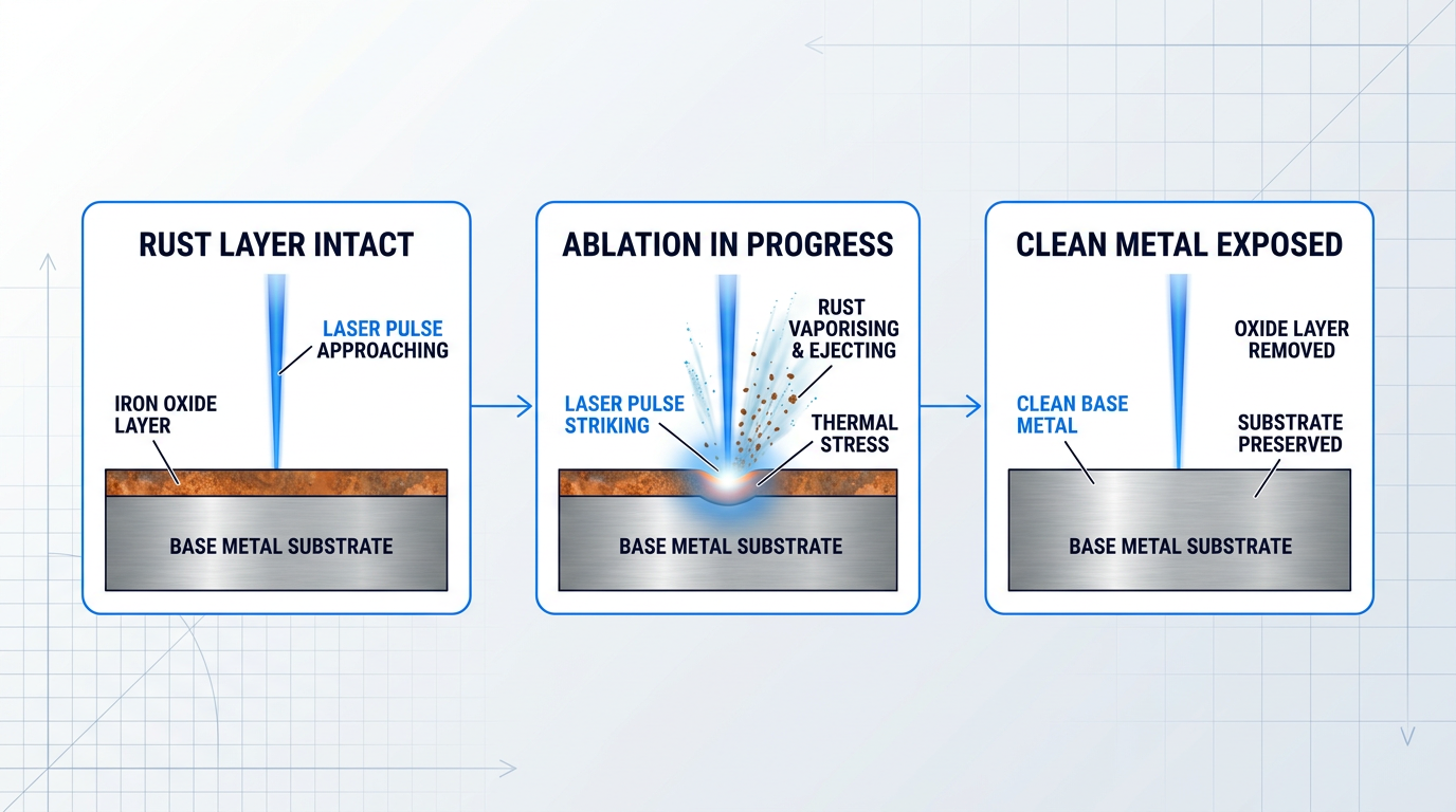 Three-stage cross-section diagram showing laser rust removal: Stage 1 shows intact rust layer with laser beam approaching; Stage 2 shows laser pulse striking oxide layer with rust particles vaporising upward; Stage 3 shows clean metal surface with oxide layer removed and substrate preserved.