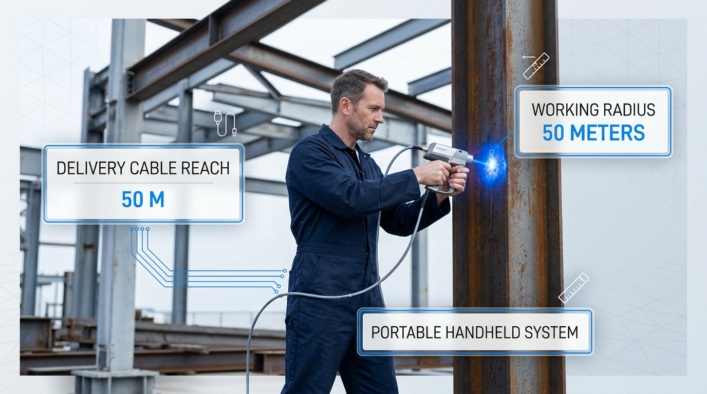 Technician in navy coveralls using handheld laser scanner on structural steel, with delivery cable extended and electric blue laser contact point visible on the rusted surface.