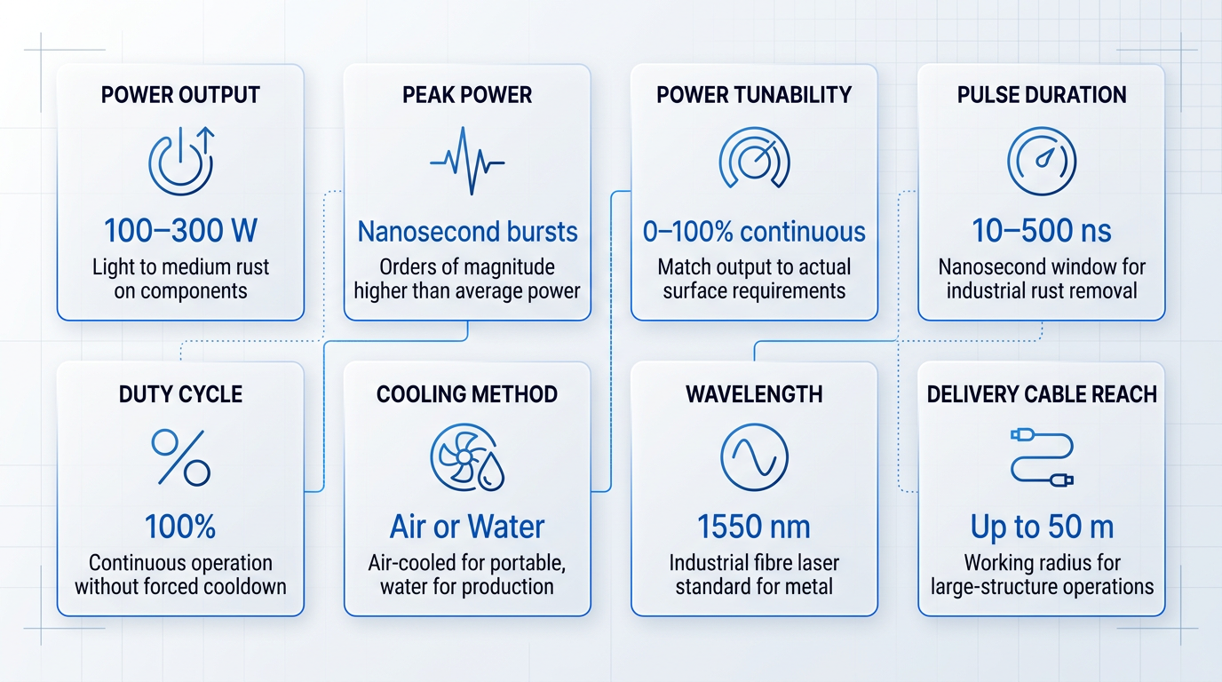 Eight-container grid infographic displaying key technical variables for laser rust removal machines: power output (100–300 W), peak power (nanosecond bursts), power tunability (0–100% continuous), pulse duration (10–500 ns), duty cycle (100%), cooling method (air or water), wavelength (1550 nm), and delivery cable reach (up to 50 m), each with descriptive context.