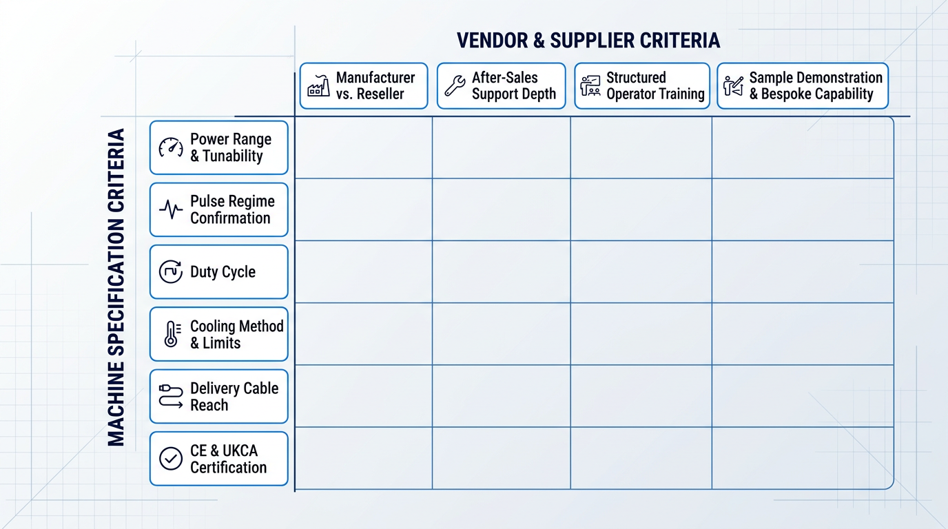 Two-dimensional evaluation matrix for laser rust removal machine selection, with six machine specification criteria (power tunability, pulse regime, duty cycle, cooling, cable reach, certifications) on the vertical axis and four vendor criteria (manufacturer status, after-sales support, training, demonstration capability) on the horizontal axis, forming a 6×4 grid of evaluation checkpoints.