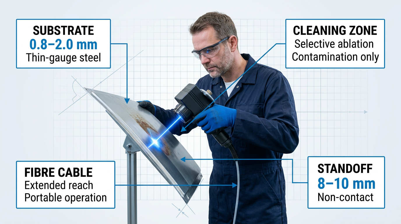 Technician in navy coveralls holding a handheld laser scanner head positioned 8–10 mm above a thin automotive body panel, with electric blue laser contact point showing selective rust removal. Four labeled containers identify substrate thickness (0.8–2.0 mm), cleaning zone, standoff distance, and fibre cable reach.