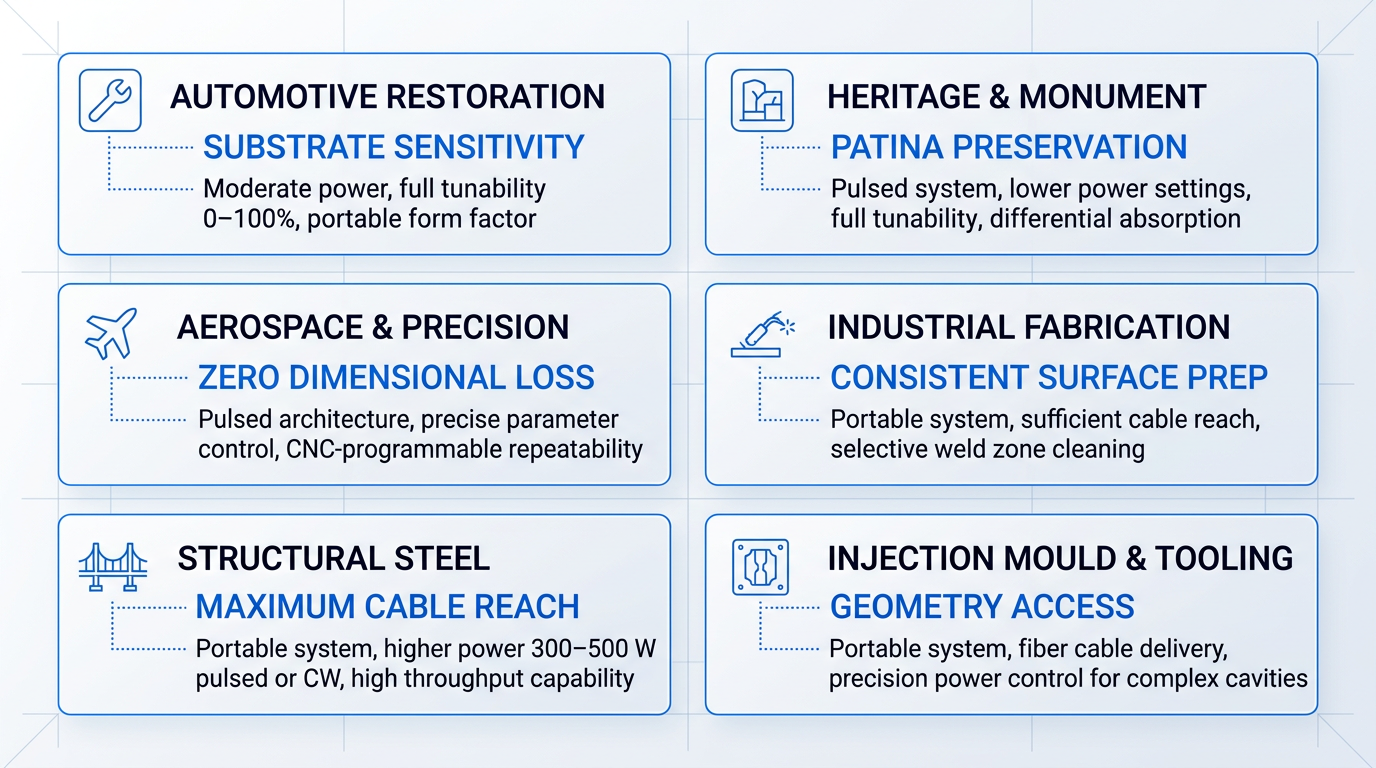 Six-cell grid matrix mapping laser rust removal application domains to their primary requirements and machine characteristics: Automotive Restoration (substrate sensitivity → moderate power, full tunability), Heritage & Monument (patina preservation → pulsed system, lower power), Aerospace & Precision (zero dimensional loss → pulsed architecture, CNC control), Industrial Fabrication (consistent surface prep → portable system, cable reach), Structural Steel (maximum cable reach → higher power portable), Injection Mould & Tooling (geometry access → portable fiber cable delivery).