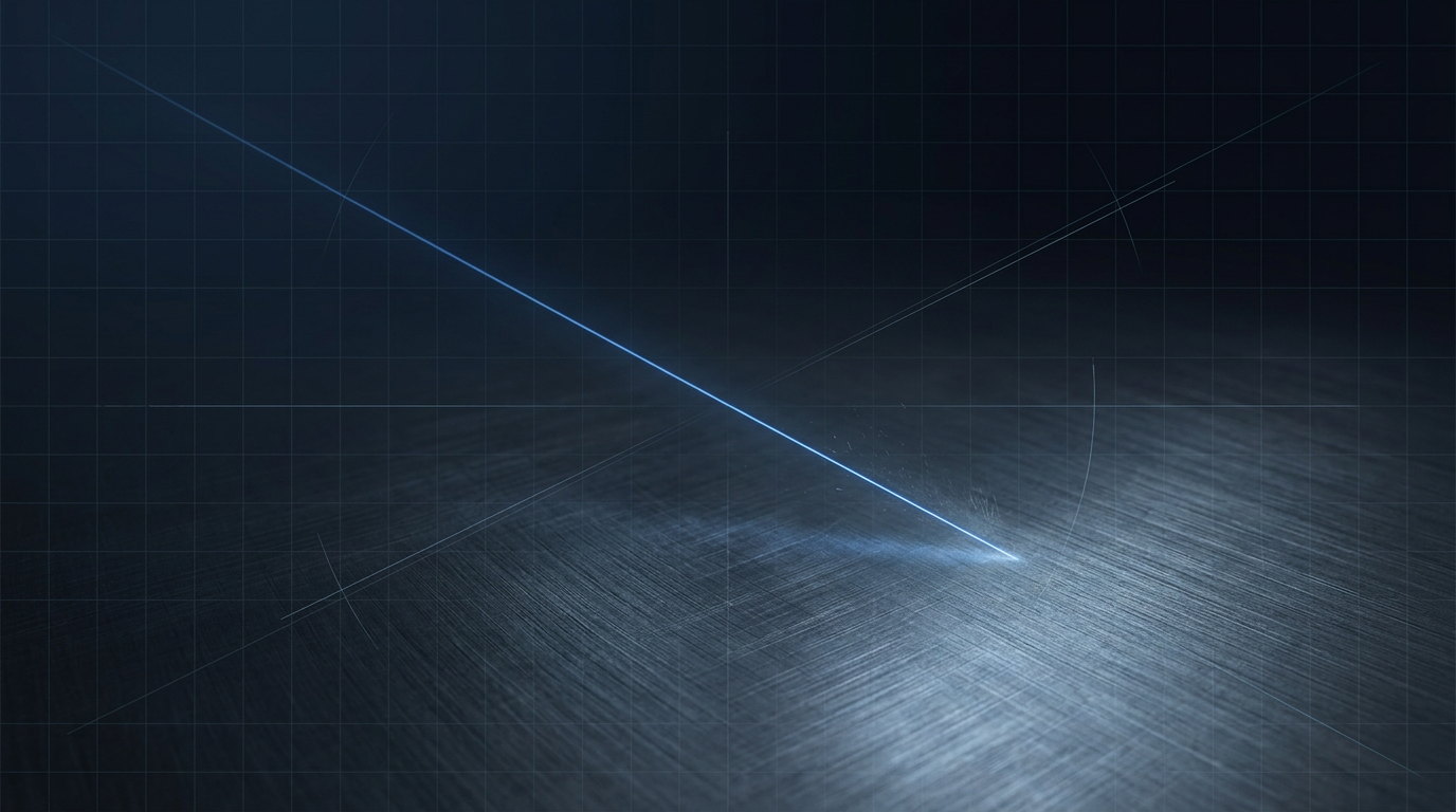 Dark industrial metallic surface with machining marks and subtle blue grid pattern overlay. A diagonal electric blue laser beam cuts across the composition with particle effects at the contact point, suggesting active laser cleaning equipment.