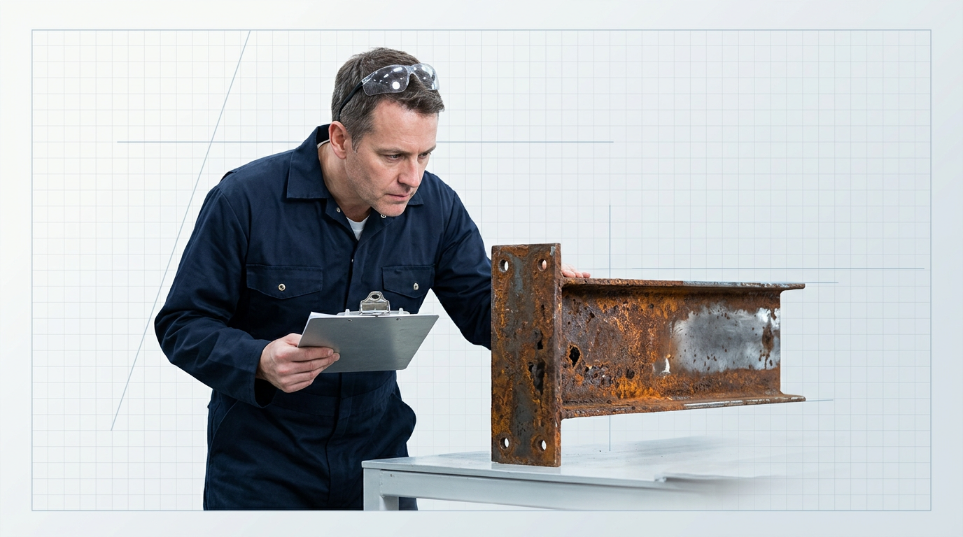 Engineer in dark coveralls examining a heavily rusted structural steel component on a work surface, holding a notepad, focused expression in bright industrial workspace.