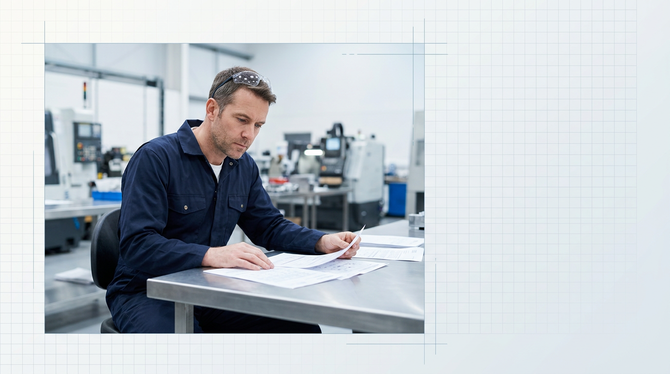 Business professional in industrial workwear seated at a stainless steel workbench, focused on reviewing financial documents and contracts in a bright manufacturing facility.