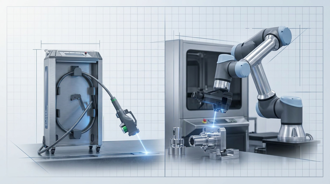 Split-scene composition showing portable ELASER handheld laser cleaning unit on left with extended fiber cable, AutoLASE robotic arm in manufacturing enclosure on right, divided vertically to represent machine-category decision point.