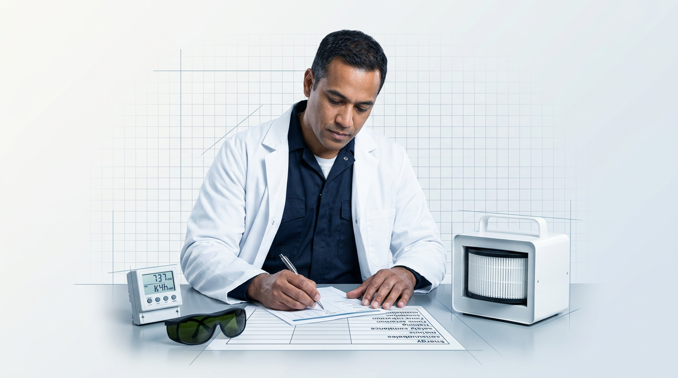 Technician in dark navy coverall and lab coat seated at industrial desk, focused on budget worksheet with energy meter, laser safety eyewear, and portable HEPA extraction unit nearby.
