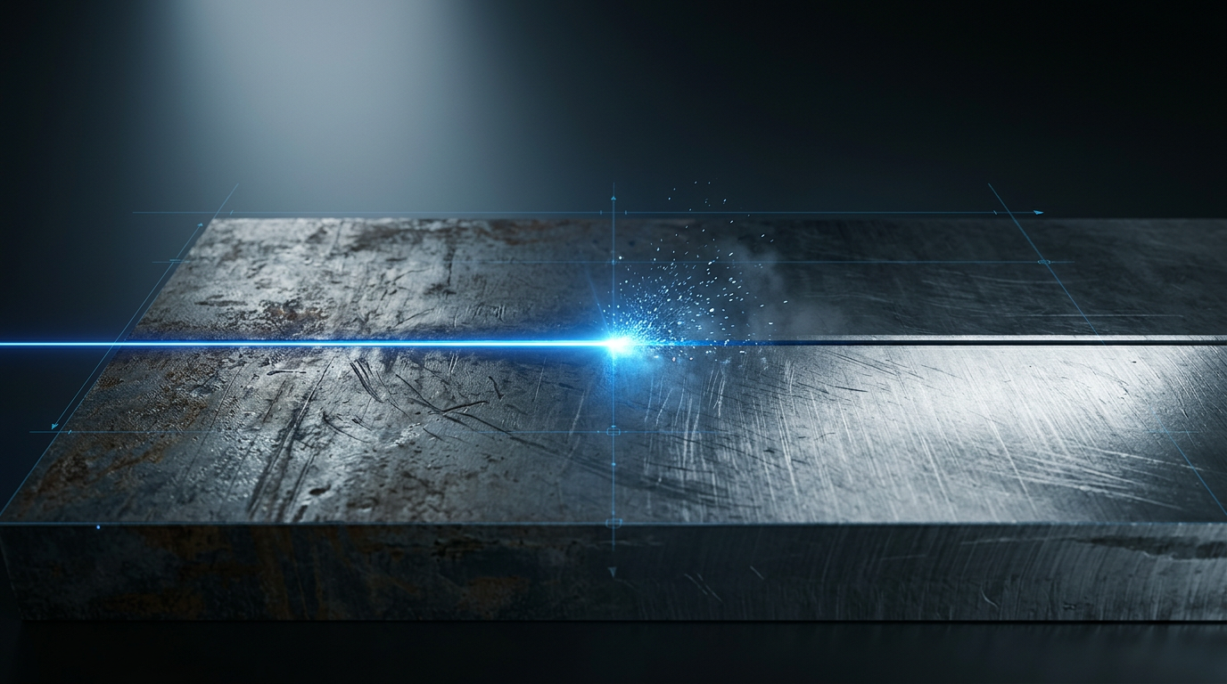 Dark metallic surface with a glowing electric blue laser line cutting horizontally across the center, dividing oxidized material on the left from clean bare metal on the right, with subtle particle effects at the laser contact point.