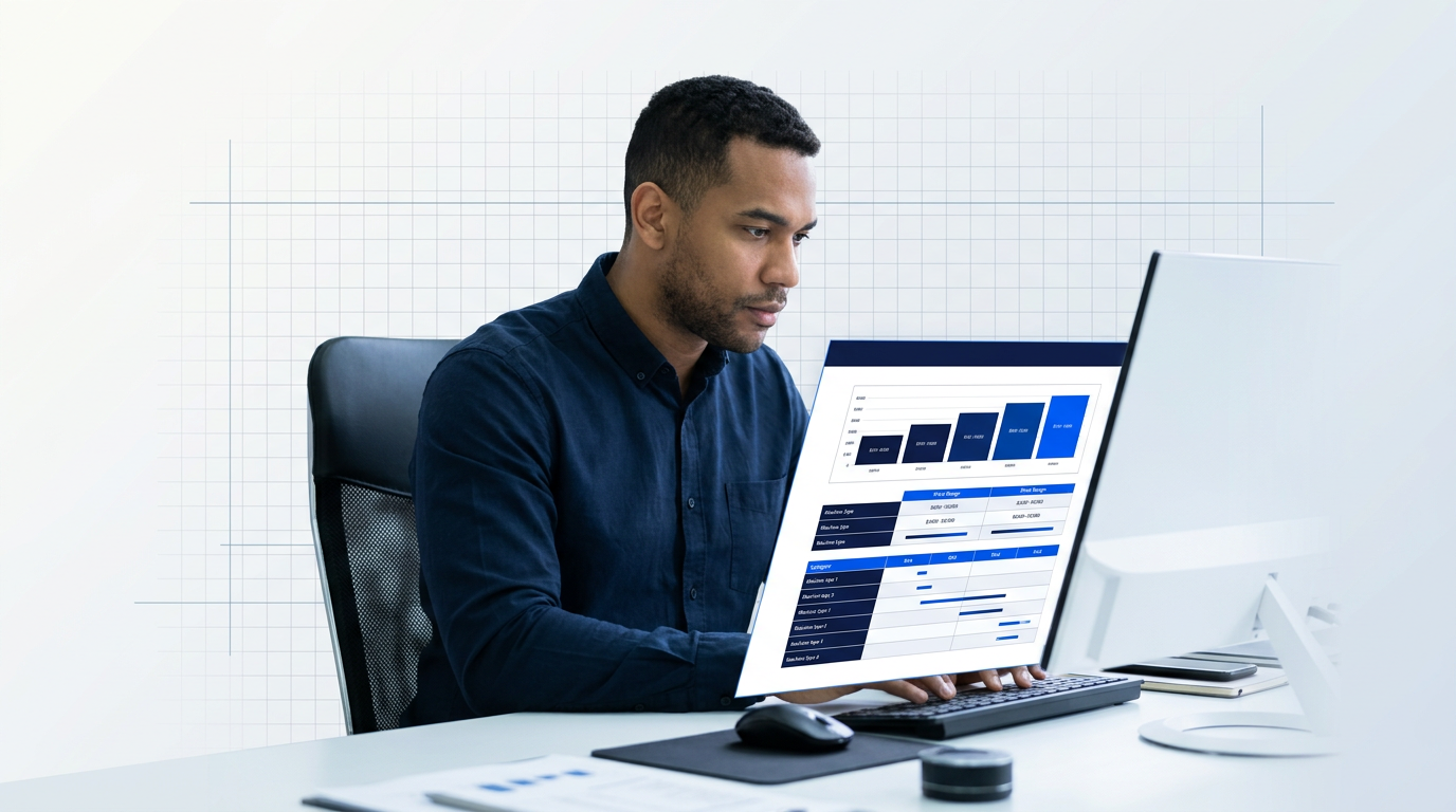 Procurement professional reviewing structured pricing comparison document at bright modern workstation, with tiered machine specifications and cost data visible on screen.