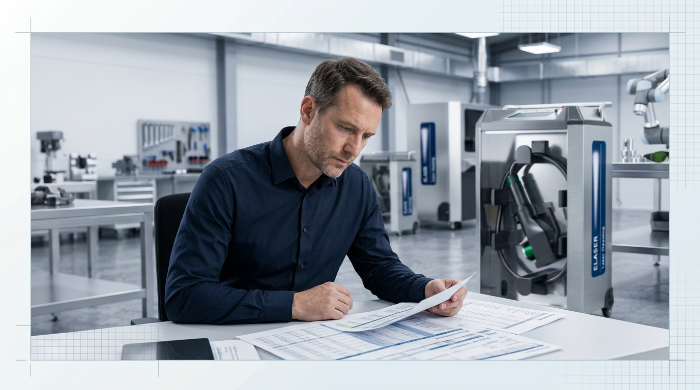 Procurement professional at desk reviewing multi-column cost comparison spreadsheet, with ELASER laser cleaning machine visible in soft-focus industrial background, cool studio lighting throughout workspace