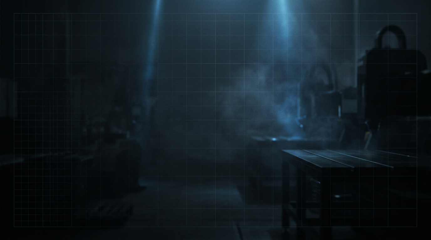 Dark industrial manufacturing environment with soft blue laser light emanating from above, casting electric blue glows across metal surfaces with subtle atmospheric haze and faint geometric grid pattern.