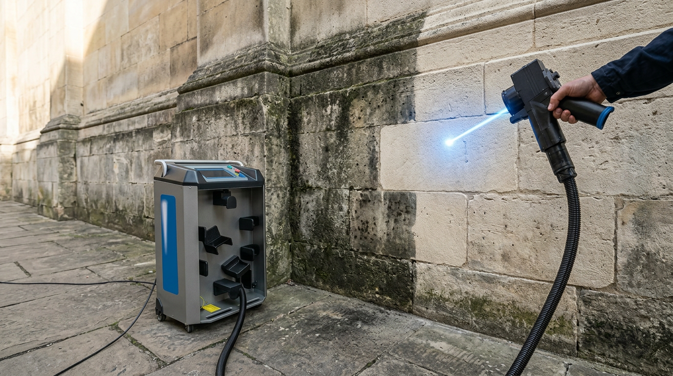 Laser cleaning head directed at weathered stone facade, showing sharp demarcation between cleaned pale limestone and soiled surface, with electric blue laser beam visible.