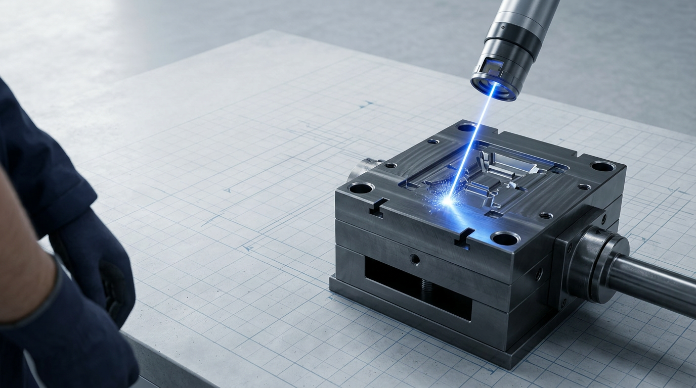 Injection mould cavity with laser scanner head positioned directly on surface, electric blue laser beam striking the mould during active cleaning, industrial toolroom background with precision workspace lighting.