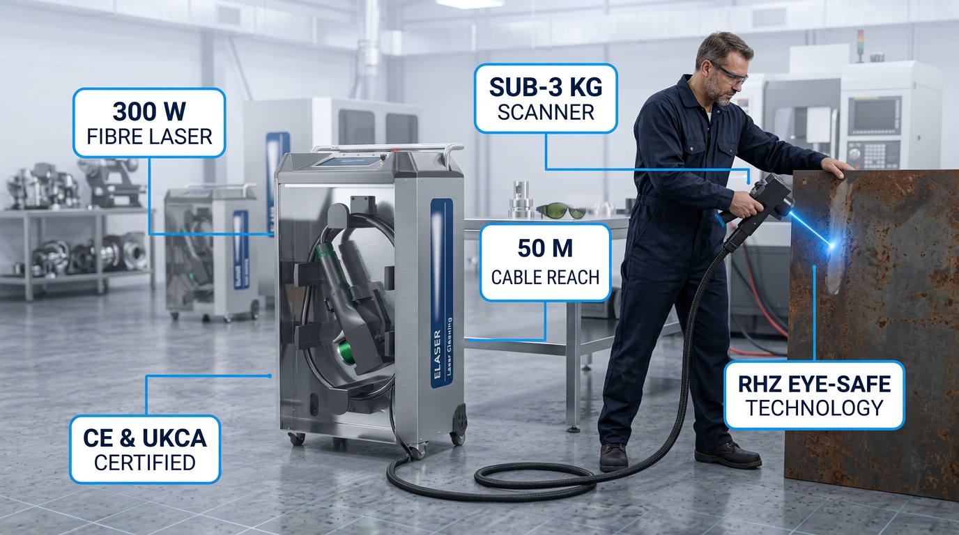 ELASER portable laser cleaning system in industrial workshop: wheeled unit on left with operator in navy coveralls on right holding handheld scanner directed at rusted metal surface, fibre cable extended across floor, electric blue laser glow at contact point, five specification badge labels positioned around the equipment.