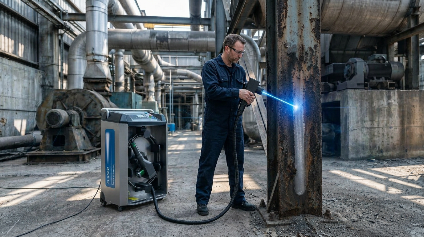ELASER portable laser cleaning unit with extended fiber cable and scanner head held by technician in dark coveralls, directed at corroded steel structural pole in industrial warehouse, bright blue laser beam visible at contact point showing cleaned metal surface.