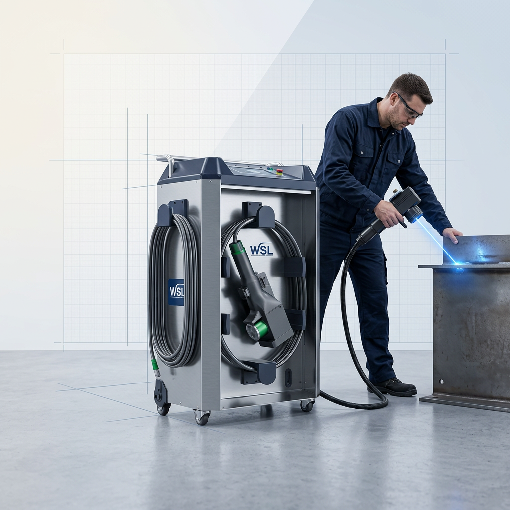 ELASER portable laser cleaning system on workshop floor with handheld scanner directed at metal surface, showing compact wheeled unit and laser interaction point.