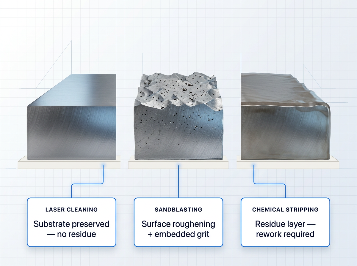 Three metal surface cross-sections showing laser-cleaned substrate preserved intact, sandblasted surface with embedded grit particles, and chemically-stripped surface with residue layer, each labeled with treatment method and key characteristic.