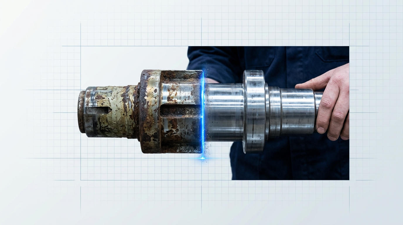 Heavy-duty steel shaft with corrosion on left side and clean bare metal on right, divided by glowing electric blue laser line, engineer's hand visible at frame edge.