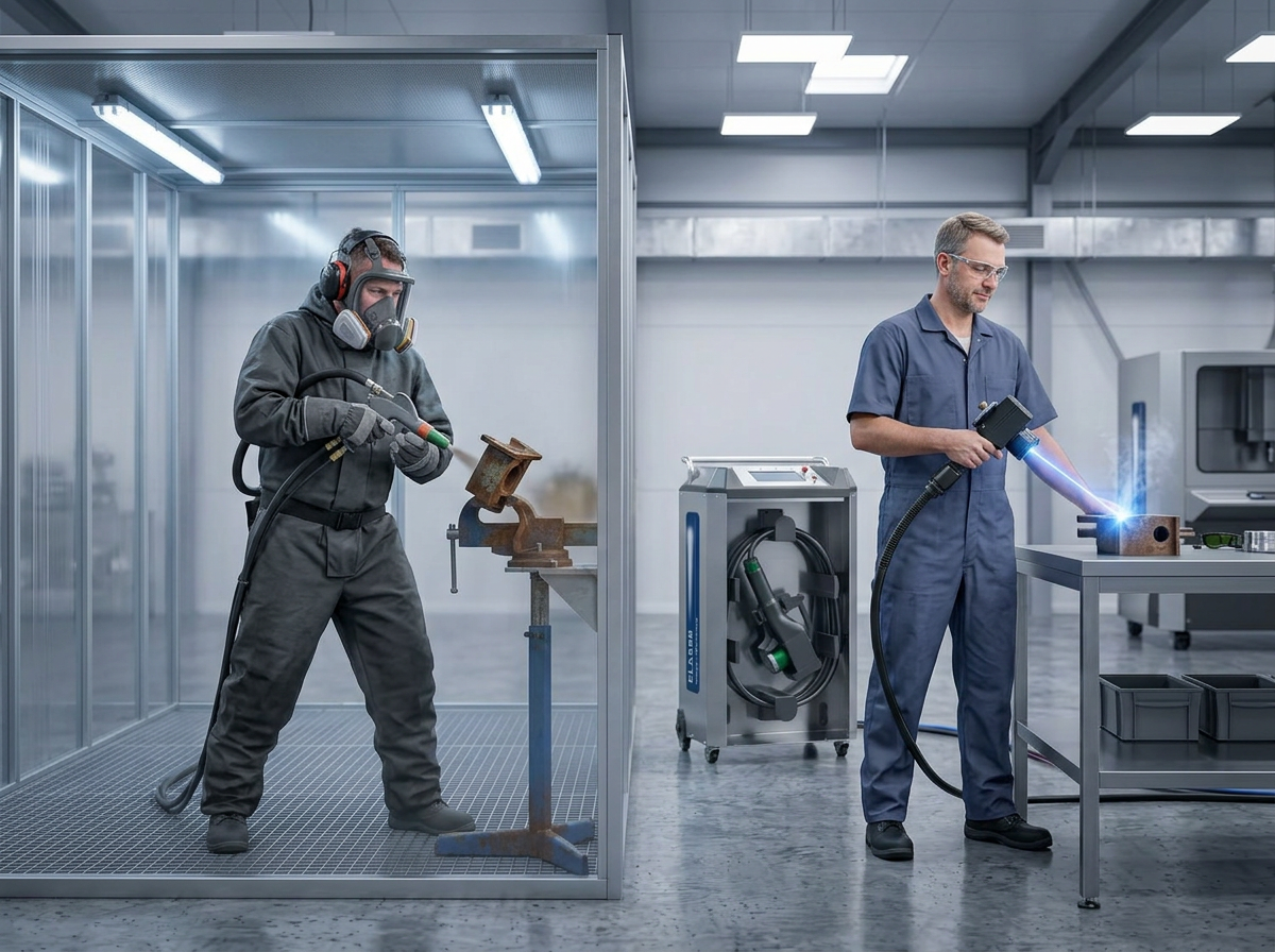 Two industrial operators working side by side: left operator in full sandblasting PPE inside a contained blast room directing abrasive at a rusted metal component; right operator in minimal safety eyewear using an ELASER laser cleaning system on an open workbench with visible electric blue laser beam.